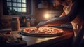 Homemade Pizza Mastery, A Woman Baking a Delicious Pizza in Her Kitchen, Generative AI