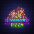 Homemade Pizza - Neon Sign Vector on brick wall background