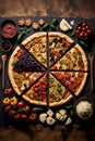 Homemade pizza with tomatoes, mozzarella, olives and basil on dark background, top view