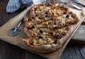 Homemade pizza with tuna, tomatoes, onions, black olives and mozzarella cheese Royalty Free Stock Photo