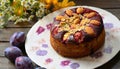 Homemade plum and almond cake made with fresh plums. Delicious cake beautifully decorated in vintage style. Tasty dessert.