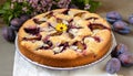 Homemade plum and almond cake made with fresh plums. Delicious cake beautifully decorated in vintage style. Tasty dessert.