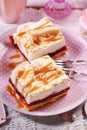 Homemade plum cale with meringue and caramel