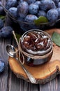 Homemade plum jam in a glass jar and fresh blue plums in a bowl on a dark rustic wooden background with copy space top view. Royalty Free Stock Photo