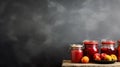 Homemade plum jam in glass jars with fresh fruits on rustic wooden table over black background. Royalty Free Stock Photo