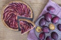 Homemade plum pie, autumn dessert with fresh plums