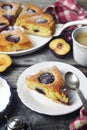 Homemade plum pie and cup of coffee. New York Times recipe plum cake Royalty Free Stock Photo