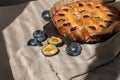 Homemade plum pie and plums on beige tablecloth with sunlight shadows. Sweet rustic bakery, traditional baked fruit cake Royalty Free Stock Photo