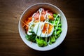 Homemade pokebowl with egg, beans, salmon, carrot and seaweed Royalty Free Stock Photo