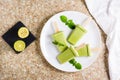 Homemade popsicle made from avocado, coconut milk and lime on a plate on the table. Top view Royalty Free Stock Photo