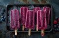 Homemade popsicles with fresh blueberries and raspberries on tray with ice cubes Royalty Free Stock Photo