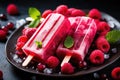 Homemade popsicles with fresh raspberries and mint on dark background, Homemade raspberry popsicles on plate with ice and berries