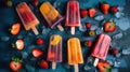 Homemade popsicles with fresh strawberries and ice cubes on blue background.