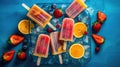 Homemade popsicles with fresh strawberries and ice cubes on blue background.