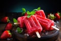 Homemade popsicles with fresh strawberries and ice cubes on wooden background, Colorful homemade popsicle with strawberry, AI