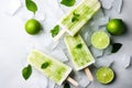 Homemade popsicles with lime, mint and ice on light background, Lime ice cream popsicles with lime and mint on white stone