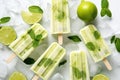 Homemade popsicles with lime and mint on white background, top view, Lime ice cream popsicles with lime and mint on white stone