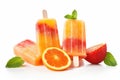 Homemade popsicles with orange, strawberry and mint isolated on white background, Orange and strawberry popsicles isolated on Royalty Free Stock Photo