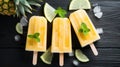 Homemade popsicles with pineapple and lime on a black wooden background. Generative AI