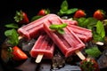 Homemade popsicles with strawberries and mint on a wooden background, Colorful homemade popsicle with strawberry, AI Generated