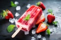 Homemade popsicles with strawberry and mint on wooden table, closeup, Colorful homemade popsicle with strawberry, AI Generated