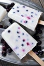 Homemade popsicles from yogurt, blueberry and blackcurrant, close up view