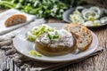 Homemade pork aspic, meat jelly with onion and leek in a white plate Royalty Free Stock Photo