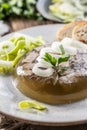 Homemade pork aspic, meat jelly with onion and leek in a white plate Royalty Free Stock Photo