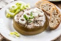 Homemade pork aspic, meat jelly with onion and leek in a white plate Royalty Free Stock Photo