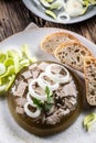 Homemade pork aspic, meat jelly with onion and leek in a white plate Royalty Free Stock Photo