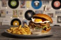 Homemade pork burger with fried egg barbecue sauce with french fries on wooden table. isolated image Royalty Free Stock Photo