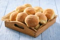 Homemade potato bread roll on wooden tray. Royalty Free Stock Photo