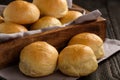 Homemade potato bread rolls on wooden tray. Royalty Free Stock Photo