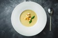 Homemade potato pea soup with grilled bread in a bowl Royalty Free Stock Photo