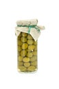 Homemade preserved canned olives glass jar isolated