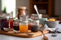 homemade preserves on kitchen table, with mixing spoon and measuring cups nearby