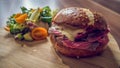 Homemade pretzel bun with roast beef Royalty Free Stock Photo