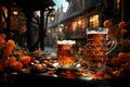Homemade pretzels and glass beer on the background of a German city. Oktoberfest Symbols