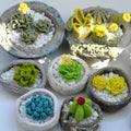 Homemade product for home decoration, group of succulent, cactus crochet in cement pot on white background