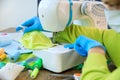 Homemade protection textil face, nose and mouth mask against virus . Sewing protective face masks at home during a covid-19