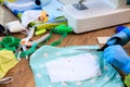 Homemade protection textil face, nose and mouth mask against virus . Sewing protective face masks at home during a covid-19