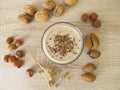 Homemade protein shake with nut flour and flaxseeds