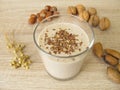 Homemade protein shake with nut flour and flaxseeds