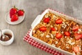 Homemade pudding made by leftovers bread and strawberries