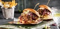 Homemade pulled pork burger with bbq sauce close up. Royalty Free Stock Photo