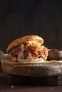 Homemade pulled pork burger with caramelized onion and bbq sauce Royalty Free Stock Photo