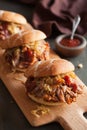 Homemade pulled pork burger with caramelized onion and bbq sauce Royalty Free Stock Photo