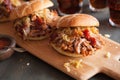 Homemade pulled pork burger with caramelized onion and bbq sauce Royalty Free Stock Photo