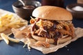 Homemade pulled pork burger with coleslaw and bbq sauce