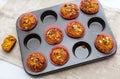 Homemade pumpkin muffins with pumpkin seeds and walnut pieces. Fall baking for Thanksgiving and Halloween. Cupcakes in baking dish Royalty Free Stock Photo